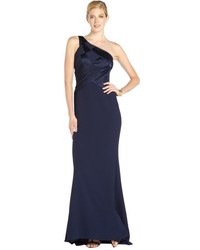 Badgley Mischka Navy Woven One Shoulder Gown With Silk And Satin Details