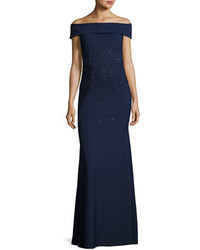 Rickie Freeman For Teri Jon Off The Shoulder Sequined Ponte Gown Blue
