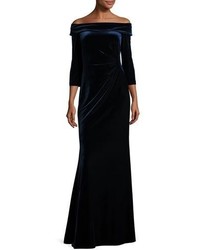 Rickie Freeman For Teri Jon Off The Shoulder Stretch Velour Gown Slate Blue