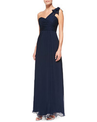Amsale One Shoulder Ruffle Detail Gown Navy