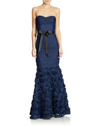 JS Collections Strapless Shirred Mesh Gown With Flowered Skirt