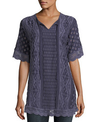 Johnny Was Tumi Lace Trim Embroidered Eyelet Top