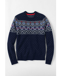 Lands' End Fair Isle Chest Lambswool Crewneck Sweater Jade Donegal