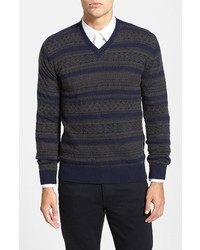 French Connection Fair Isle Slim Fit V Neck Wool Blend Sweater