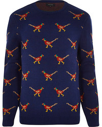River Island Navy Pheasant Christmas Sweater