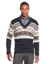 Sean John Fair Isle Stripe V Neck Sweater