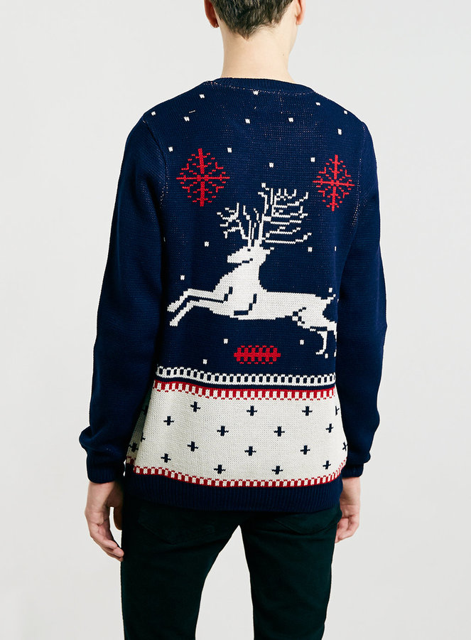 Topman Navy Reindeer Christmas Sweater, $50 | Topman | Lookastic