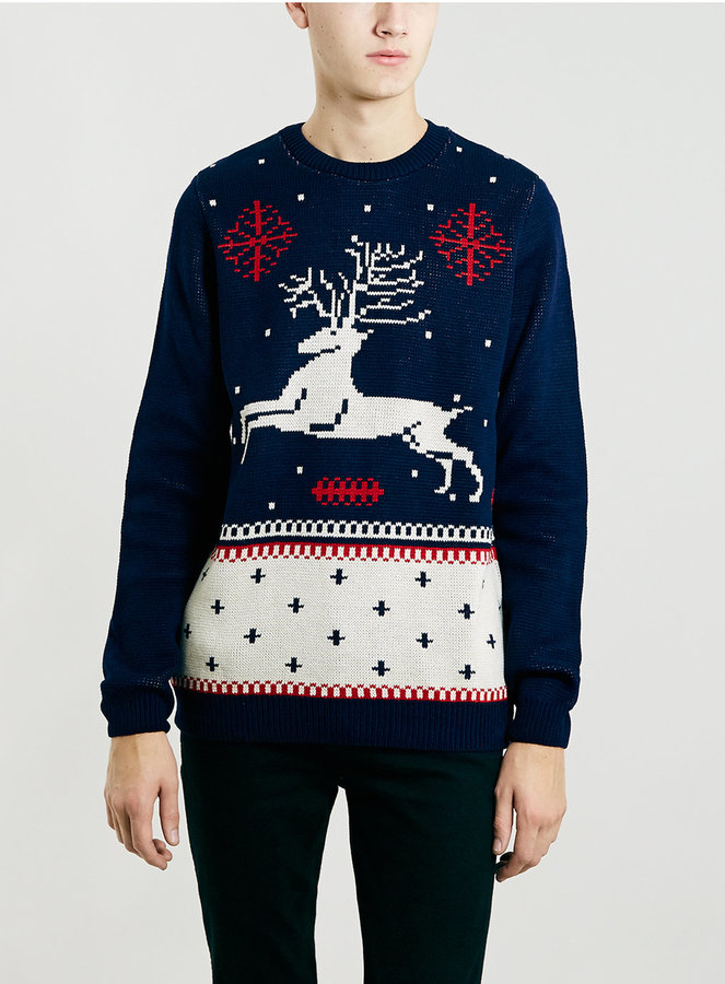 Topman Navy Reindeer Christmas Sweater, $50 | Topman | Lookastic