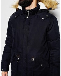 Asos Brand Parka With Faux Shearling Hood In Navy
