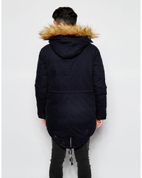 Asos Brand Parka With Faux Shearling Hood In Navy