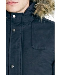 Topman Navy Heavyweight Fishtail Parka With Faux Fur Trimmed Hood