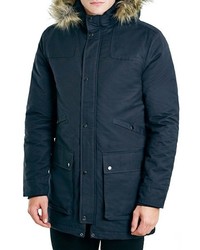 Topman Navy Heavyweight Fishtail Parka With Faux Fur Trimmed Hood