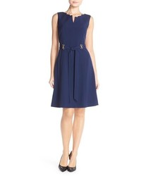 Ellen Tracy Belted Stretch Fit Flare Dress