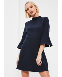 Missguided Blue Crepe 34 Flared Sleeve Fit And Flare Dress