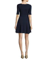 Milly Scalloped Half Sleeve Fit  Flare Dress Navy