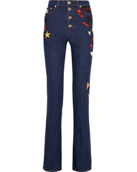 Sonia Rykiel Embroidered High Rise Flared Jeans Dark Denim