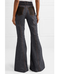 Rosie Assoulin Plaid Trimmed High Rise Flared Jeans