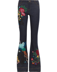Alice + Olivia Ryley Low Rise Embroidered Flared Jeans Blue
