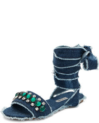 Miu Miu Jeweled Denim Lace Up Sandal Blue Pattern