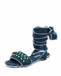 Miu Miu Jeweled Denim Lace Up Sandal Blue Pattern