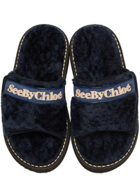 See by Chloe See By Chlo Navy Furry Slide Sandals