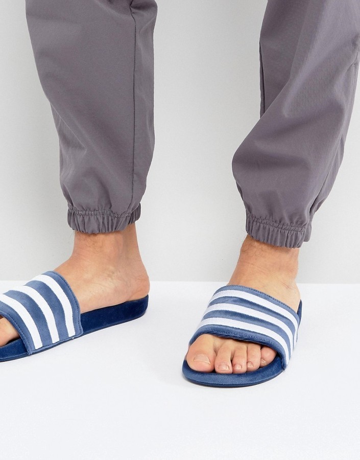 adidas Originals Adilette Velvet Flip Flops In Blue $45 | Asos | Lookastic