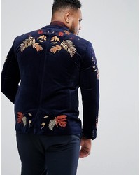 Asos Plus Skinny Blazer In Navy Velvet With Embroidery