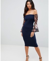 Club L Bardot Detail Dress With Embroidered Sleeves