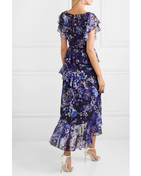 Marchesa Notte Tiered Floral Print Fil Coup Chiffon Midi Dress