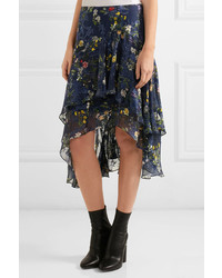 Preen by Thornton Bregazzi Laboni Floral Print Devor Silk Blend Chiffon Midi Skirt Navy