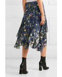Preen by Thornton Bregazzi Laboni Floral Print Devor Silk Blend Chiffon Midi Skirt Navy