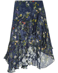 Preen by Thornton Bregazzi Laboni Floral Print Devor Silk Blend Chiffon Midi Skirt Navy