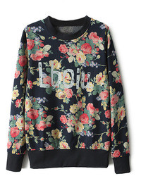Romwe Letters And Floral Print Navy Blue Sweatshirt