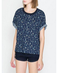Choies Blue Roll Sleeves T Shirt With Floral Print