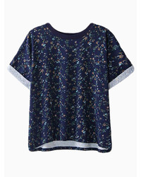 Choies Blue Roll Sleeves T Shirt With Floral Print