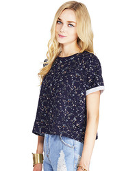 Romwe Floral Print Rolled Cuffs Blue T Shirt