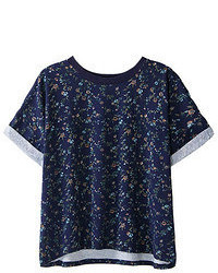 Romwe Floral Print Rolled Cuffs Blue T Shirt