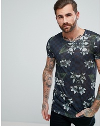 ASOS DESIGN Longline T Shirt With Floral Print In Linen Look