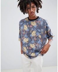 ASOS DESIGN Oversized Longline T Shirt With All Over Floral Print In Textured Fabric