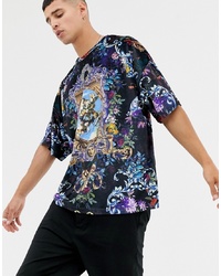 ASOS DESIGN Oversized T Shirt With Half Sleeve In Velour With All Over Historical Scene And Floral Print