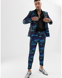 MOSS BROS Moss London Suit Trouser In Turquoise Floral Jacquard