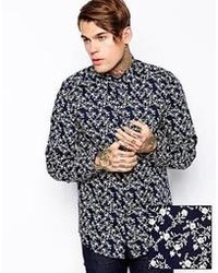 Asos Smart Shirt In Long Sleeve With Floral Print Navy