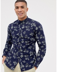 Celio Long Sleeve Smart Slim Fit Shirt With Rose Print In Navy