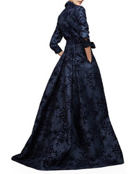 Carolina Herrera Floral Embellished Trenchcoat Gown Navy Slate