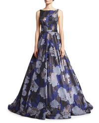 Jovani Floral Jacquard Metallic Deep V Neck Gown