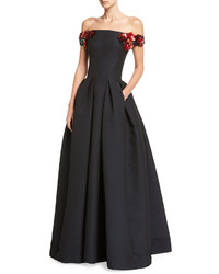 Zac Posen Off The Shoulder Gown With Floral Embellishts Midnight