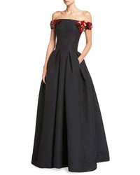 Zac Posen Off The Shoulder Gown With Floral Embellishts Midnight