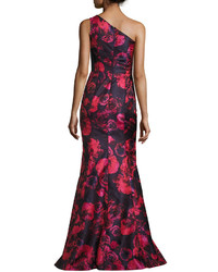 David Meister One Shoulder Floral Jacquard Mermaid Gown Pinknavy