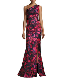 David Meister One Shoulder Floral Jacquard Mermaid Gown Pinknavy