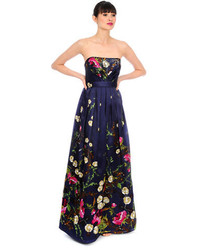 Kay Unger Silk Floral Print Pleated Gown